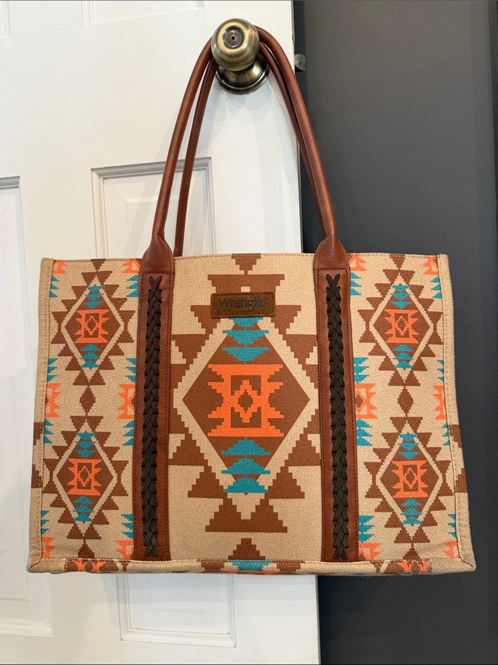 Wrangler Tan & Brown Tote with Turquoise and Orange Aztec Pattern